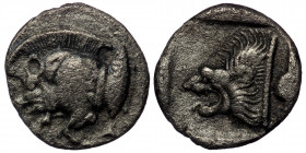MYSIA, Kyzikos. Circa 450-400 BC. AR Obol (Silver. 0.98 g. 11 mm). 
Forepart of boar left, tunny to right.
Rev: Head of lion left within incuse square...