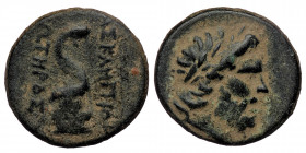 Mysia, Pergamon Æ 19mm. Circa 133-27 BC. ( Bronze. 7.85 g. 23 mm)
Laureate head of Asklepios to right.
Rev: [ΑΣ]ΚΛΗΠΙΟΥ [ΣΩ]ΤΗΡΟΣ, serpent coiled arou...