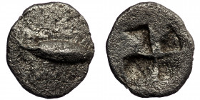 MYSIA. Kyzikos. Circa 550-450 BC. Obol (Silver, 0.59 g. 10 mm). 
Dolphin swimming left above tunny to left. 
Rev. Quadripartite incuse square. 
SNG Pa...