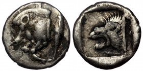 MYSIA, Kyzikos AR Obol ca 525-475 BC ( Silver 1.12 g. 12 mm)
Forepart of boar to left, a tunny on right
Rev: Head of a roaring lion facing to left, wi...