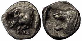 MYSIA, Kyzikos AR Obol ca 525-475 BC ( Silver 1.20 g. 11 mm)
Forepart of boar to left, a tunny on right
Rev: Head of a roaring lion facing to left, wi...