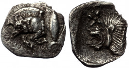 Mysia, Kyzikos AR Hemiobol. Circa 450-400 BC. ( Silver. 10 mm)
Forepart of boar to left, tunny fish behind.
Rev: Head of roaring lion to left; star to...