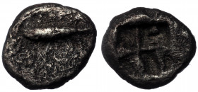 MYSIA. Kyzikos. Obol (Circa 600-550 BC). ( Silver. 0.97 g. 10 mm)
Tunny left.
Rev: Quadripartite incuse square.
Von Fritze II 5; SNG BN -; SNG von Aul...