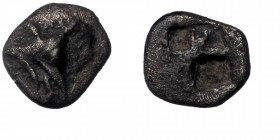 MYSIA, Kyzikos. Circa 550-480 BC. AR Tetartemorion ( Silver. 0.20 g. 7 mm)
Head of fish right, holding fish in mouth.
Rev: Square punch.
 Von Fritze I...