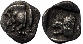 MYSIA, Kyzikos. Circa 450-400 BC. AR Obol (Silver. 1.10 g. 11 mm). 
Forepart of boar left, tunny to right.
Rev: Head of lion left within incuse square...