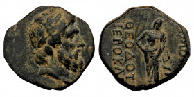 PHRYGIA. Akmoneia. Ae (1st century BC). ( Bronze. 3.67 g. 18 mm ) Theodotos and Hierokles, magistrates.
Laureate head of Zeus right.
Rev: ΑΚΜΟΝΕΩ / ΘΕ...