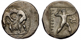 PAMPHYLIA. Aspendos. Stater (Circa 380/75-330/25 BC). AR ( Silver 10.82 g, 23 mm )
Two wrestlers grappling; AΦ between.
Rev: EΣTFEΔIIYΣ./ Slinger in t...
