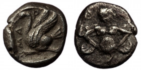 CILICIA. Mallos . Obol AR (Circa 390-375 BC). ( silver. 0.76 g 9 mm)
Obv: Winged male, ( Persian ahura mazda or Mithra ) advancing right, holding disc...