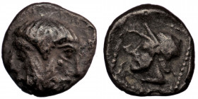 CILICIA, Mallos. Circa 440-390 BC. AR Obol (Silver 0.75 g. 9 mm)
Rev: Bearded janiform head .
Rev: Head (of Bellerophon?) left, wearing cap; MAP befor...