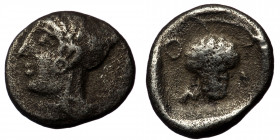 CILICIA, Soloi. Circa 465-400 BC. Obol (Silver, 0.69 g. 9 mm). 
Head of Amazon to left, wearing pointed cap with curved wing. 
Rev. Σ-O Grape bunch on...