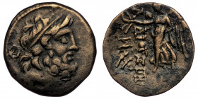 Cilicia, Elaiussa Sebaste, ca. 2-1 cent. BC, AE ( Bronze 6.39 g. 21 mm )
Laureate head of Zeus right
Rev: Nike standing left, holding wreath and palm ...