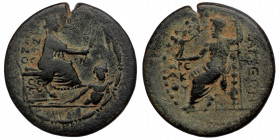 Cilicia. Tarsos 164-27 BC. AE ( Bronze. 12.90 g. 26 mm )
Tyche seated right, holding grain ears and resting foot on the shoulder of the river-god Kydn...