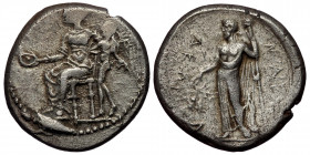 CILICIA. Nagidus. Ca. 420-370 BC. AR stater. ( Silver 10.55 g. 23 mm )
Aphrodite enthroned left, wearing polos, chiton and peplos, patera in right han...