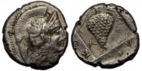 CILICIA. Soloi. Circa 410-375 BC. Stater (Silver 8.19 g. 20 mm ). 
Head of Athena to right, wearing a crested Attic helmet,
Rev. ΣΟΛ - ΙΚΟ/ Bunch of g...