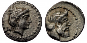 CILICIA, Nagidos AR Obol. Circa 420-380 BC ( silver 0.71 g. 11 mm )
Head of Aphrodite right; N behind
Rev: Laureate head of Dionysos right.
 SNG Franc...