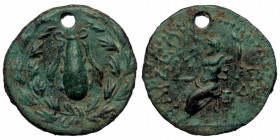CILICIA. Tarsos. 164-27 BC. AE (Bronze, 2.99 g. 17 mm). 
Club tied with fillets, within oak wreath. 
Rev. ΤΑΡΣΕΩΝ / ΑΣΚ / ΔΙΟ Zeus seated left on thro...