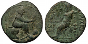 CILICIA. Tarsos 164-27 BC. AE. ( Bronze. 10.65 g. 25 mm )
Tyche seated right, holding grain ears and resting foot on the shoulder of the river-god Kyd...