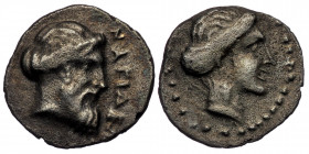 CILICIA, Nagidos. Circa 400-380 BC. AR Obol ( Silver. 0.68 g. 10 mm)
Head of Aphrodite right.
Rev: NAΓIΔEΩ[N]/ Bearded head of Dionysos right.
SNG Lev...