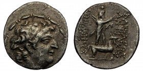 SELEUKID KINGS of SYRIA. Antiochos VIII Gryphos. 121-96 BC. AR Drachm (Silver. 3.81 g. 18 mm). Tarsos mint. 
Diademed head right
Rev: Sandan standing ...