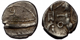 Judea. Samaria AR Obol. Circa 375-333 BC. ( Silver. 0.42 g. 9 mm)
Galley over waves left; Aramaic letter above.
Rev: Persian king battling lion; O bet...