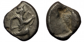 Persia, Achaemenid Empire AR Siglos. Time of Xerxes II to Artaxerxes II. Sardes, circa 420-350 BC. ( silver. 5.08 g. 15 mm ). 
Persian king or hero, w...