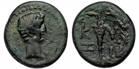 MYSIA, Cyzicus, Augustus. Augustus (27 BC-14 AD) AE (Bronze, 3.47g, 16mm) 
Obv: Bare head of Augustus right, within dotted border; no legend.
Rev: K -...