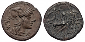 M. Aburius M.f. Geminus AR Denarius (Silver, 3,75g, 18mm) Rome, 132 BC. 
Obv: Helmeted head of Roma right; GEM behind, mark of value below chin 
Rev: ...