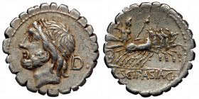 L. Scipio Asiagenus (106 BC) AR Serrate Denarius (Silver, 3,77g, 18mm) 
Obv: Laureate head of Jupiter left; D (retrograde) behind, L SCIP ASIAG in exe...