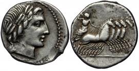 Anonymous (86 BC) AR Denarius (Silver, 18 mm, 3.76 g) Rome. 
Obv: Laureate head of Apollo to right; below neck truncation, thunderbolt 
Rev: Jupiter i...