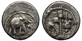 Iulius Caesar AR Denarius (Silver, 3,51g, 19mm) mint moving with Caesar, 49-48 BC 
Obv: Pontifical emblems: culullus, aspergillum, axe and apex. 
Rev:...