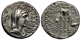 Q. Junius Brutus Caepius with L. Sestius AR Denarius (Silver, 3,59g, 17mm) Mint moving with Brutus, 43-42 BC
Obv: Veiled and draped bust of Libertas r...