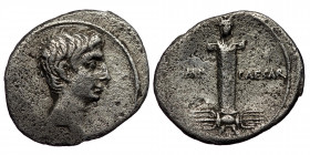 Octavian (32 – 27 BC) AR Denarius (Silver, 3,40g, 20mm) Brundisium and Roma (?) 29-27 BC, 
Obv: Bare head right 
Rev: IMP – CAESAR Laureate terminal f...