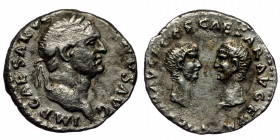 Vespasian (69-79) with Titus and Domitian as Caesares AR Denarius (Silver, 18mm, 3.09g) Rome, 70 
Obv: IMP CAESAR VESPASIANVS AVG - laureate head of V...