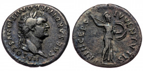 Domitian (Caesar, 69-81) AR Denarius (Silver, 19mm, 2,73g) Rome
Obv: CAESAR DIVI F DOMITIANVS COS VII - Laureate head right.
Rev: PRINCEPS IVVENTVTIS ...
