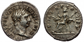 Trajan (98-117) AR Denarius (Silver, 3,01g, 20mm). Rome, 98-99. 
Obv: IMP CAES NERVA TRAIAN AVG GERM - laureate head right 
Rev: P M TR P COS II P P -...