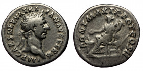 Trajan AD 98-117. Rome Denarius AR ( Silver. 3.05 g. 18 mm)
IMP CAES NERVA TRAIAN AVG GERM,/ laureate head right
Rev: PONT MAX TR POT COS II, /Concord...