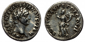 Trajan (98-117) AR Denarius (Silver, 3,20g, 19mm) Rome, 98-99 
Rev: IMP CAES NERVA TRAIAN AVG GERM - laureate head right, slight drapery on left shoul...