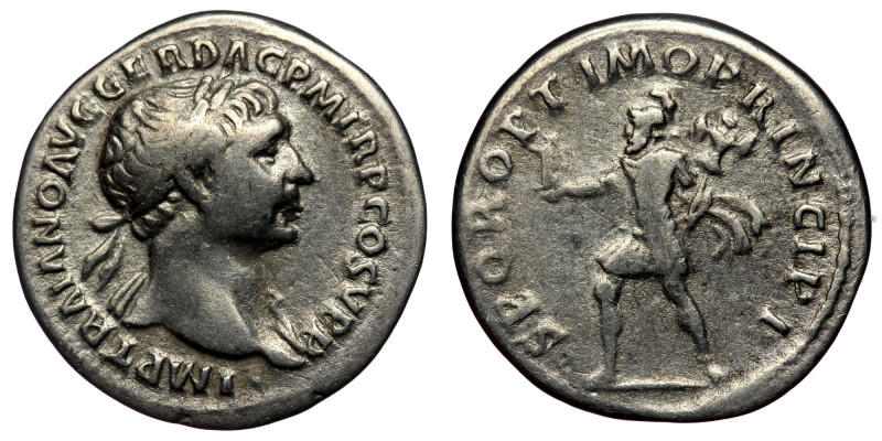 Trajan (98-117) AR Denarius (Silver, 19mm, 3.15g) Rome, 107. 
Obv: IMP TRAIANO A...