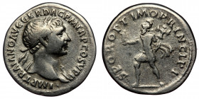 Trajan (98-117) AR Denarius (Silver, 19mm, 3.15g) Rome, 107. 
Obv: IMP TRAIANO AVG GER DAC P M TR P COS V P P - Laureate bust right, wearing aegis 
Re...