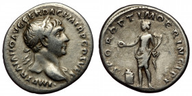 Trajan (98-117) AR Denarius (Silver, 3.34g, 19mm) Rome, 107 
Obv: IMP TRAIANO AVG GER DACP M TR P COS V P P - Laureate bust of Trajan to right, with a...
