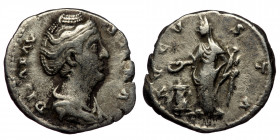 Diva Faustina I (Died 140/1) AR Denarius (Silver, 3,21g, 17mm) Rome.
Obv: DIVA FAVSTINA - Draped bust right 
Rev: AVGVSTA - Vesta standing left, holdi...