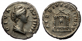 Diva Faustina I (wife of A. Pius) AR Denarius (Silver, 17mm, 3,22g) Rome, after 141 
Obv: DIVA FAVSTINA - draped bust right 
Rev: AED DIV FAVSTINAE - ...