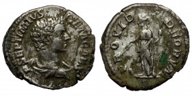Geta AR Denarius (Silver, 3,32g, 20mm) Rome, AD 203-209. 
Obv: P SEPTIMIVS GETA CAES - draped bust to right 
Rev: PROVID DEORVM - Providentia standing...