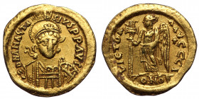 Anastasius I (491-518) AV Solidus (Gold, 4,40g, 20mm) Constantinople, c. 507/508. 
Obv: DNANASTA SIVSPPAVC - Helmeted and cuirassed bust three-quarter...