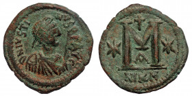 Justin I AD 518-527. Nikomedia Follis AE ( Bronze. 15.32 g. 34 mm)
D N IVSTINVS P P AVG, diademed, draped and cuirassed bust right, cross above.
Rev: ...