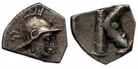 Justinian I. Circa 527-565. AR Half Siliqua Constantinople mint. (Silver. 0.49 g. 10 mm)
Struck circa AD 530. 
Helmeted and draped bust of Constantino...