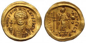 Justinian I the Great (AD 527-565). AV solidus (Gold 4.50 g. 22 mmh). Constantinople, 2nd officina, ca. AD 545-565. 
D N IVSTINI-ANVS PP AVG, cuirasse...