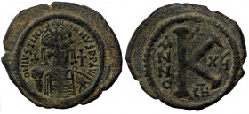 Justinian I, 527-565. Half Follis (Bronze,11.63 g. 33 mm), Theoupolis (Antiochia), 
D N IVSTINIANVS P P AVI Helmeted and cuirassed bust of Justinian I...