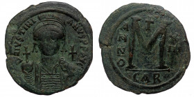 Justinian I 527-565 AD, AE follis, Carthage Mint, 540/541 AD. ( Bronze. 21.90 g. 39 mm)
DNIVSTINI-ANVSPPAVC, Facing bust of Justinian I cuirassed in p...