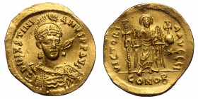 Justinian I (527-565) AV Solidus (Gold, 4,43g, 21mm) Rome, 542-552 
Obv: DN IVSTINIANVS PP AVG - Helmeted, cuirassed bust facing with pendilia, holdin...